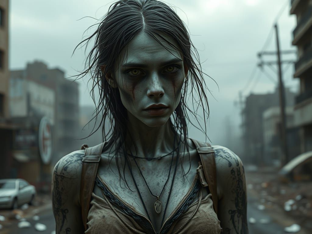 Undead Woman in Ruined City, Dark Fantasy Art