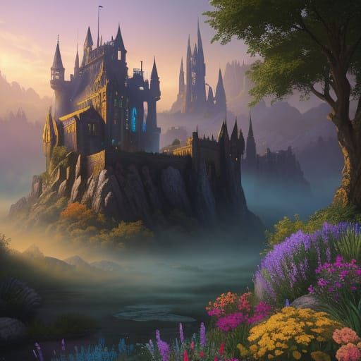 Vibrant Fantasy Garden in Golden Hour