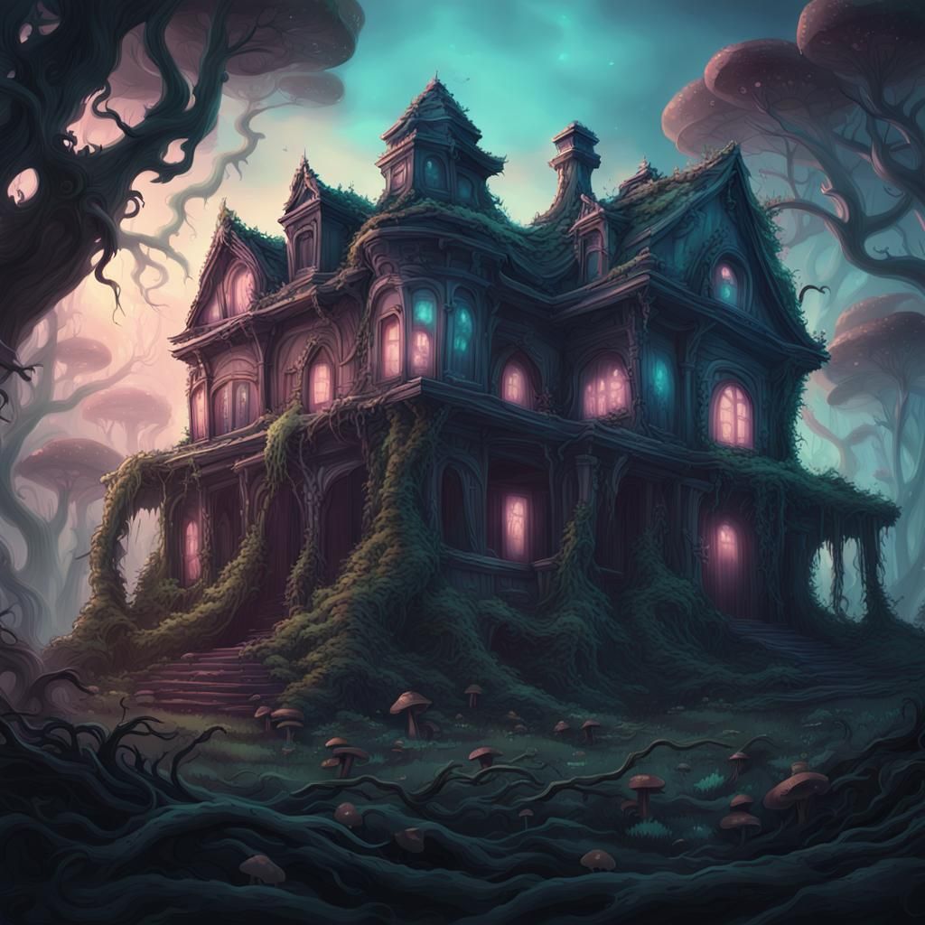 Creepy Mansion in Bioluminescent Forest: Dark Fantasy Art