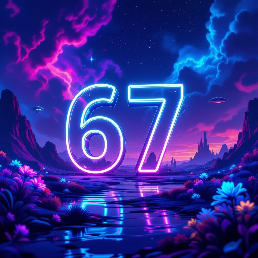 Neon Number 67 in Alien Nebula Landscape