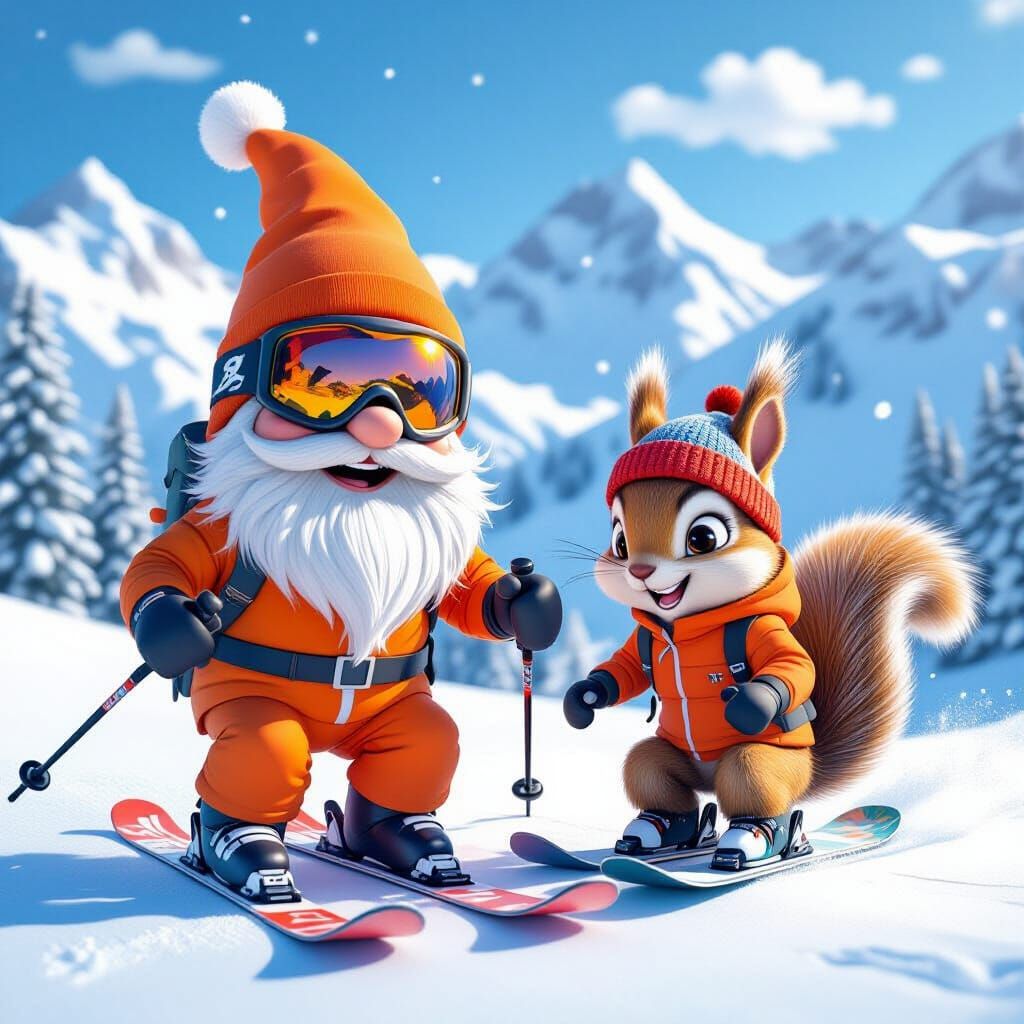 Gnome and Squirrel Skiing Adventure in 3D