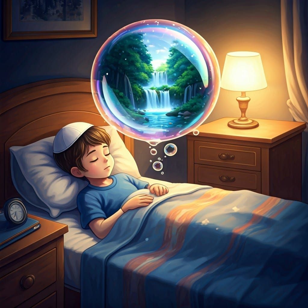 Ultra-Orthodox Boy Sleeps Amidst Whimsical Dreamscape