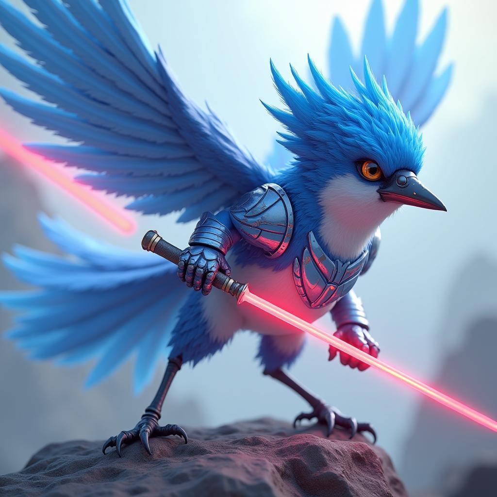 Armored Blue Jay Wielding Lightsaber in Anime Style
