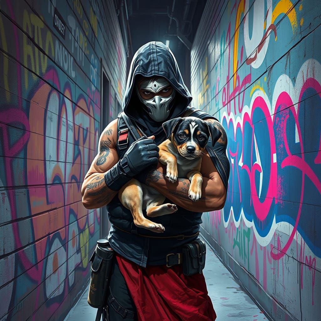Gritty Urban Superhero with Playful Puppy