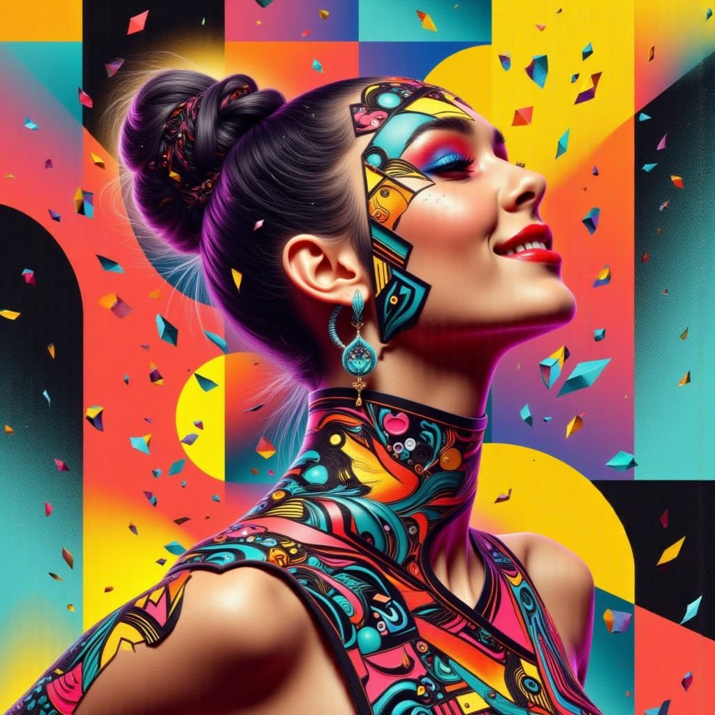 Woman Lost in Thought, Between Smile and Tears, in Vibrant D...