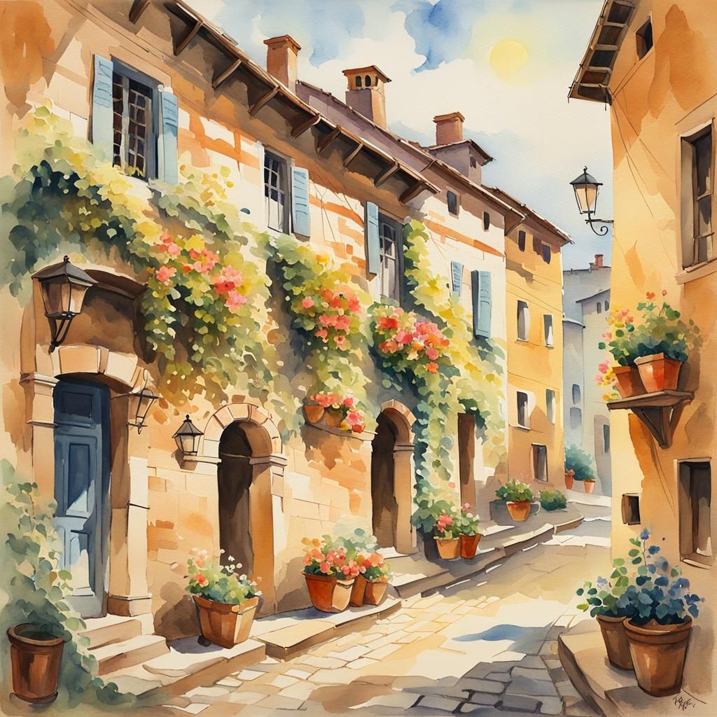 Cozy Village in Antique Watercolor Gouache Painting