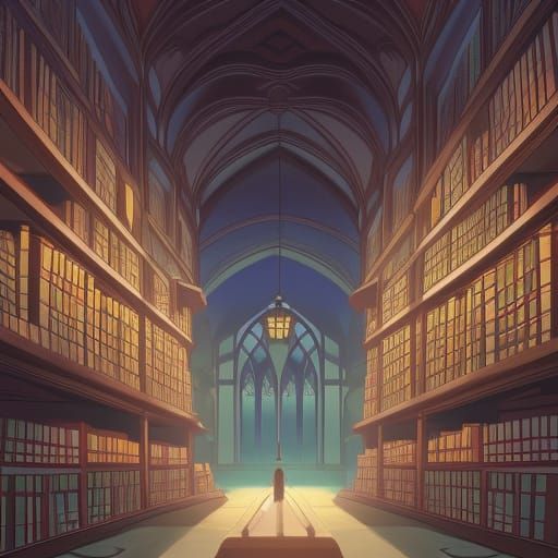 Dark Academia Library in Studio Ghibli Anime Style