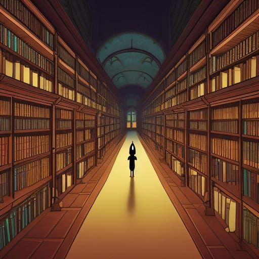Gothic Dark Academia Library in Studio Ghibli Style