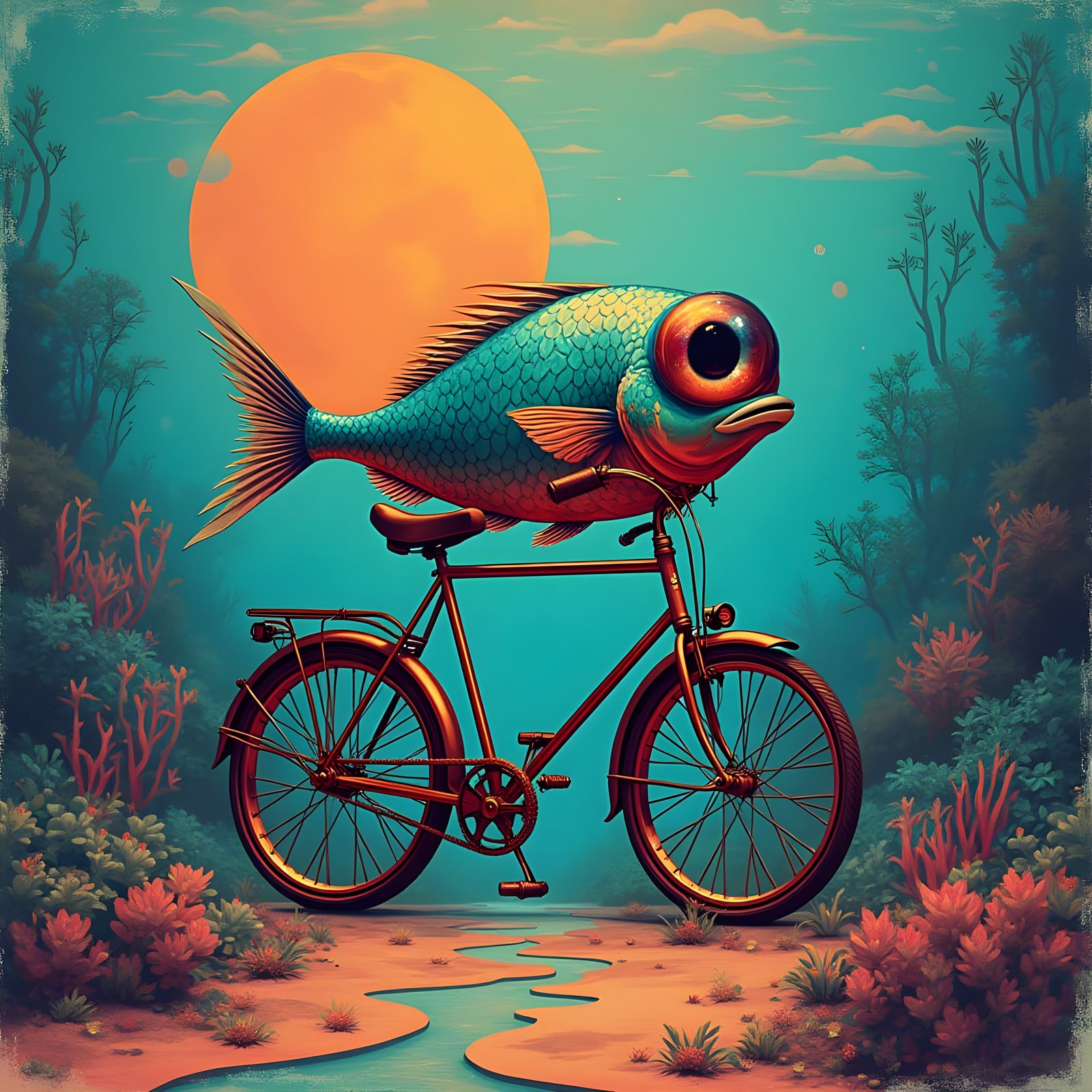 Metallic Fish Rides Bike Underwater in Pop Art Style