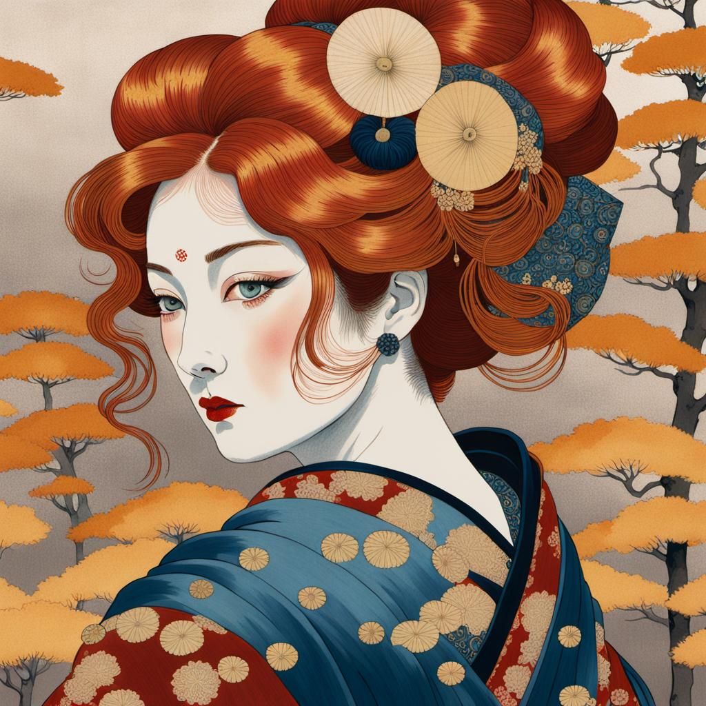 Geisha in Autumn Kimono: Ukiyo-e Klimt Impressionism