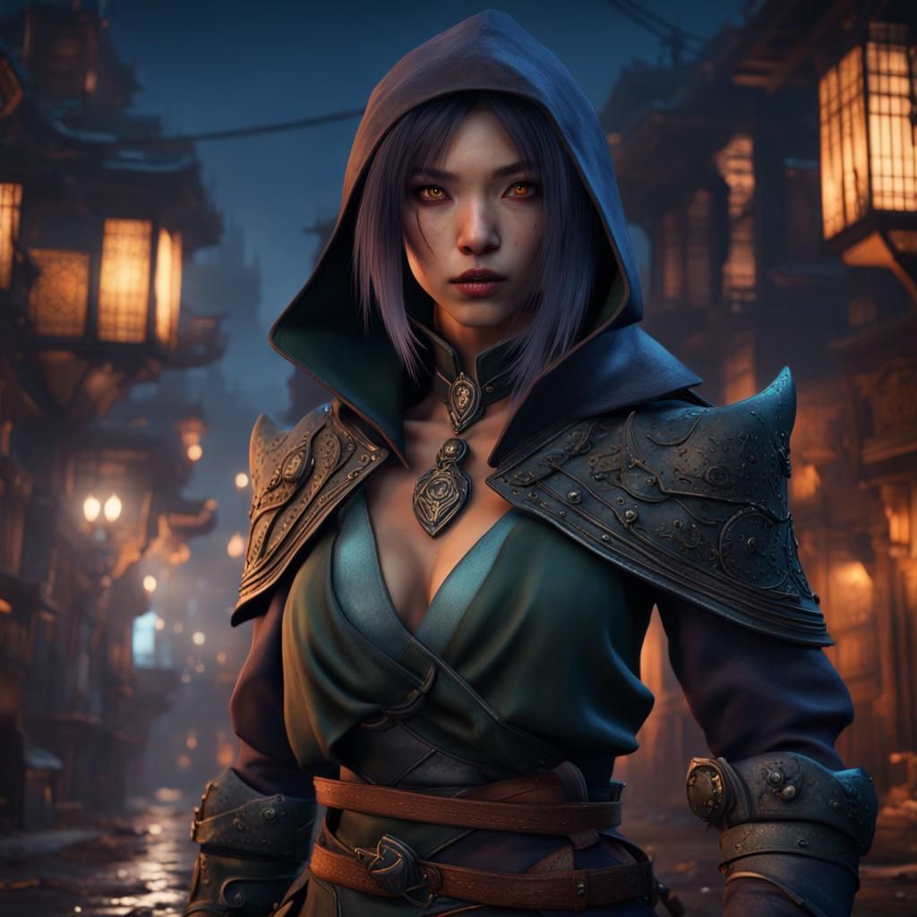 Female Yuan-ti Rogue in City at Night