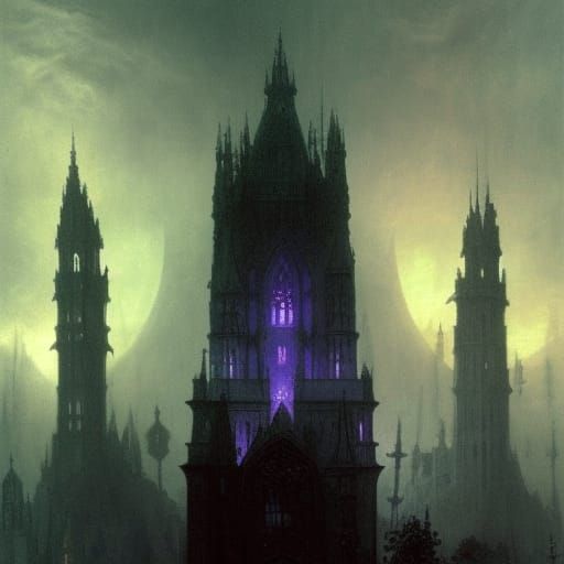 Luminescent Wizards Castle at Night in Dark Fantasy Style
