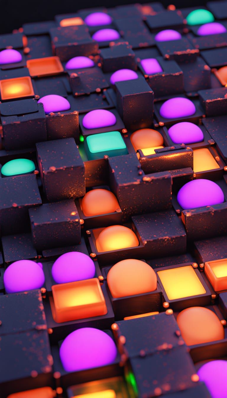 Iridescent Light Balls Rise in Glass Cube, Psychedelic Poste...