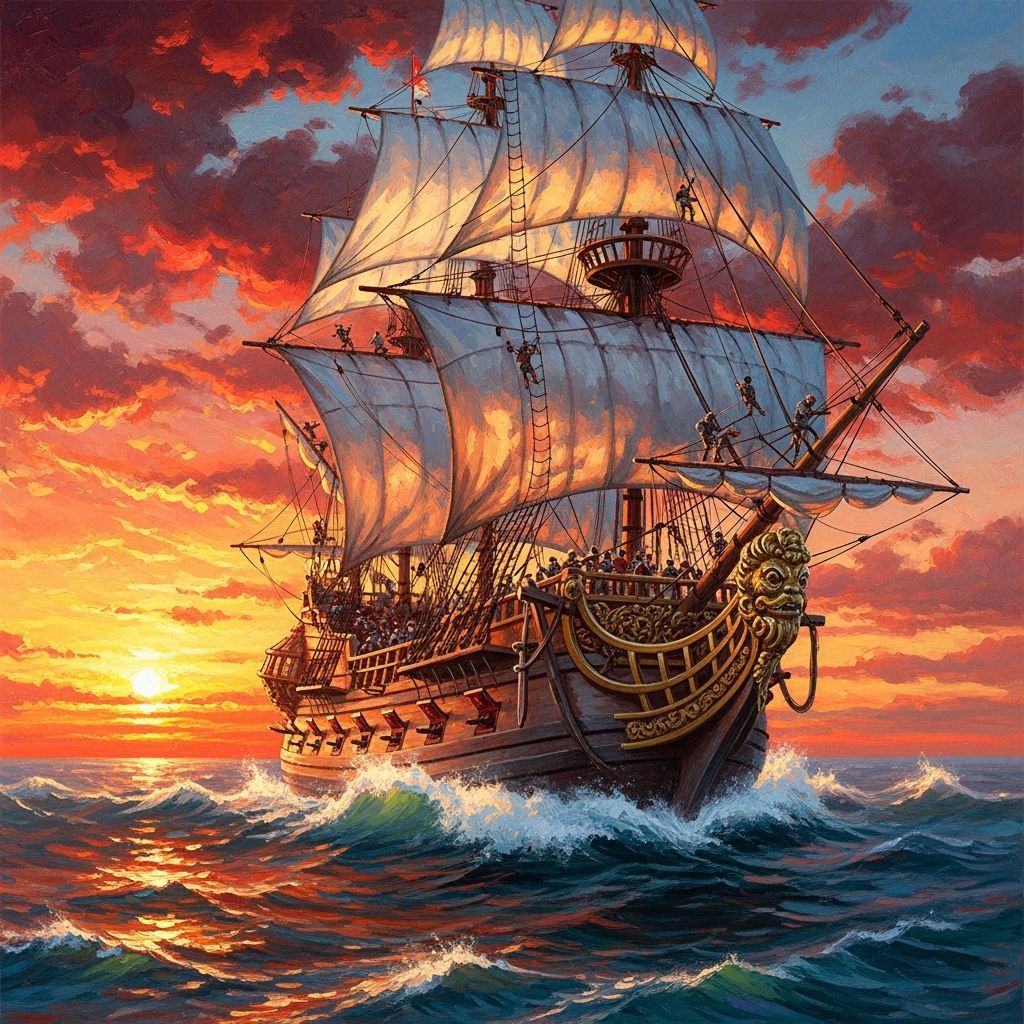Majestic Galleon at Sunset in Impressionistic Style