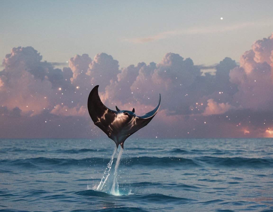 Cosmic Manta Ray Leaps in Hyperrealistic Splash Art