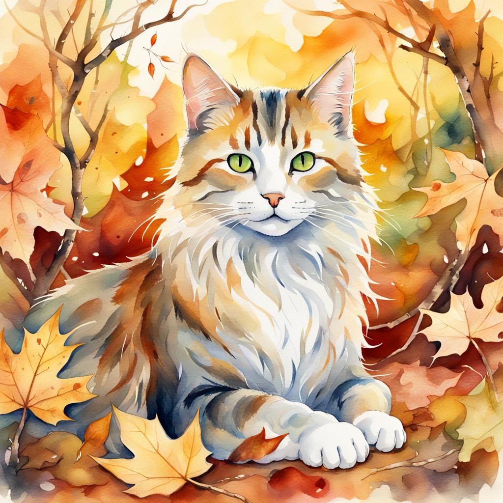 Autumn Cat Spirit in Watercolor Fantasy Style