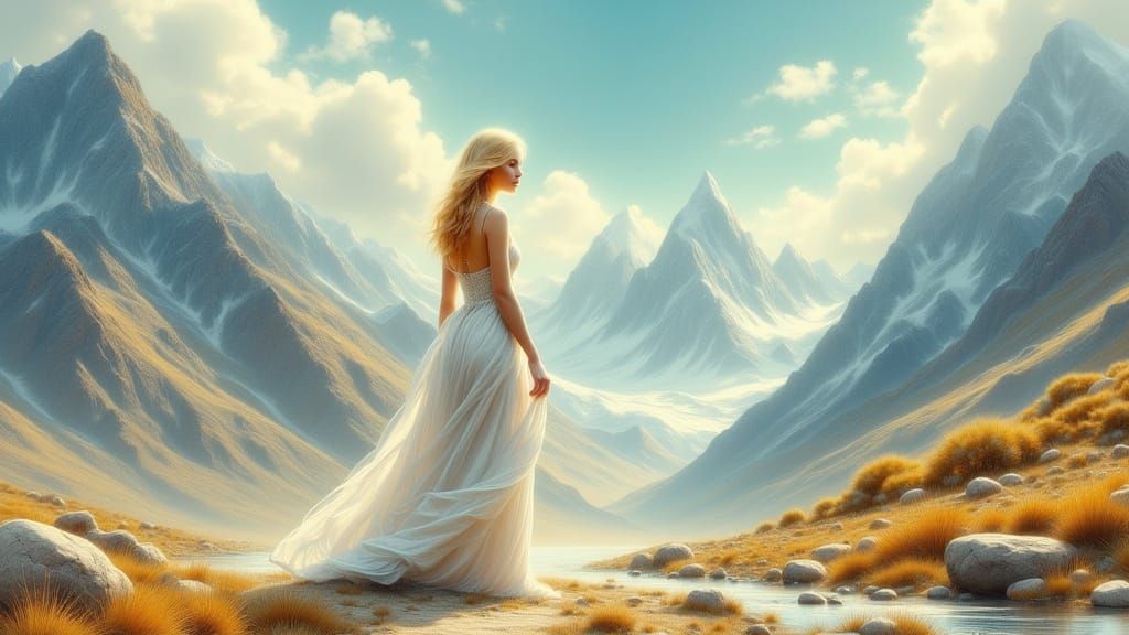 Heroic Blonde Woman in Mountain Landscape, Oil Painting
