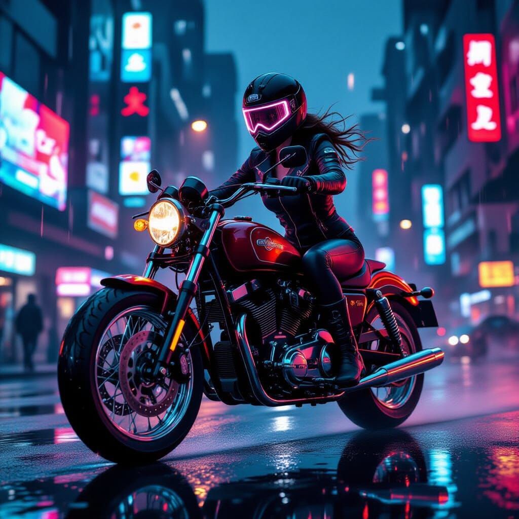 Gravity-Defying Vintage Motorcycle in Futuristic Cityscape