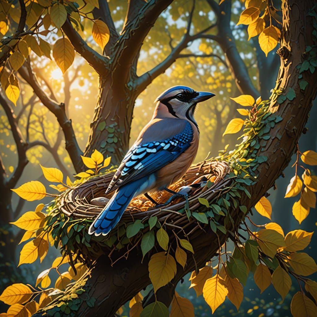 Jay Nesting on Linden in Fantasy Oil Painting