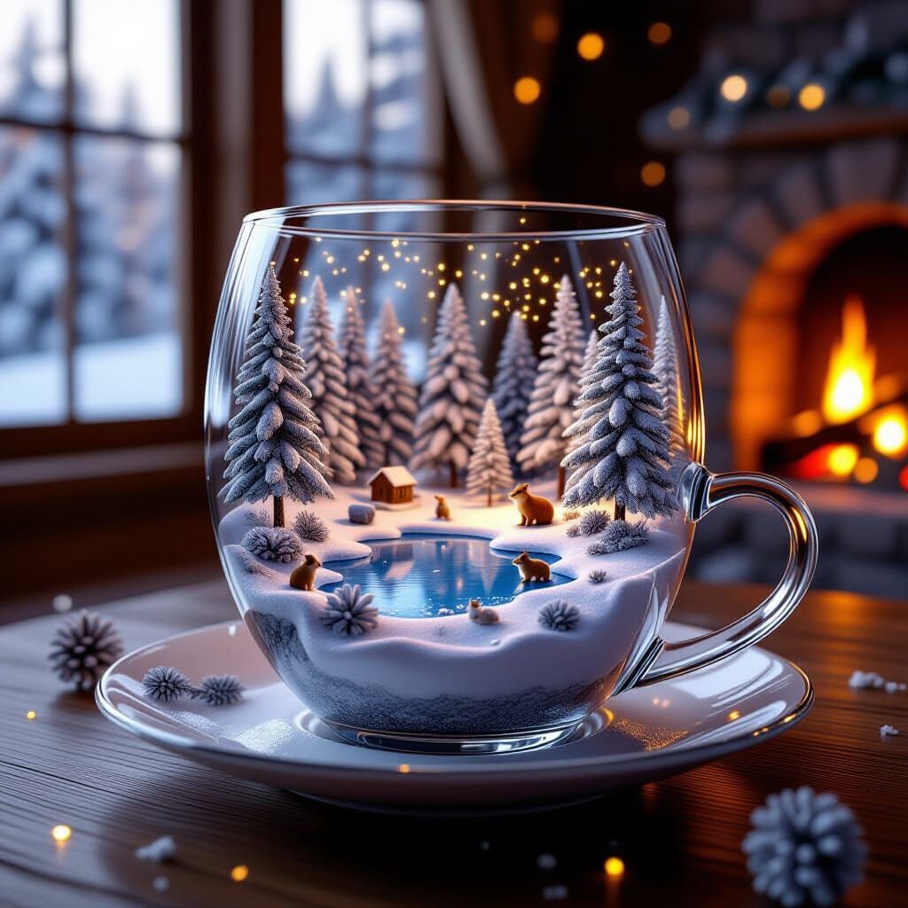 Miniature Winter Forest in Glass Cup: Hyperrealistic Scene
