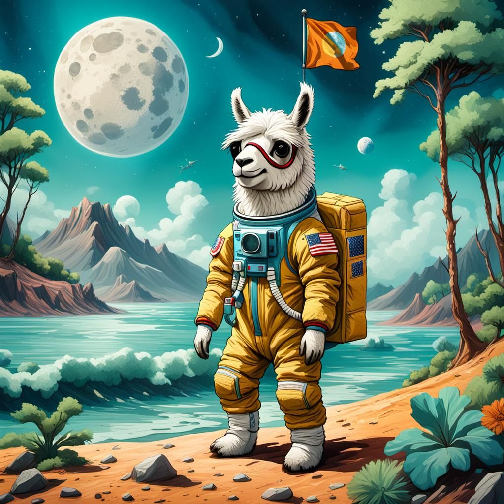 A Llama astronaut in a spacesuit on the moon, with a flag that says "Llama Space Agency".
