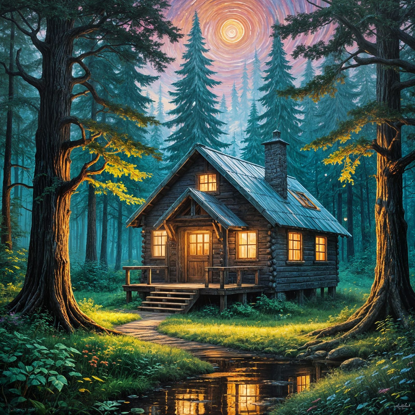 Holographic Cabin in Woods Impasto Oil Painting