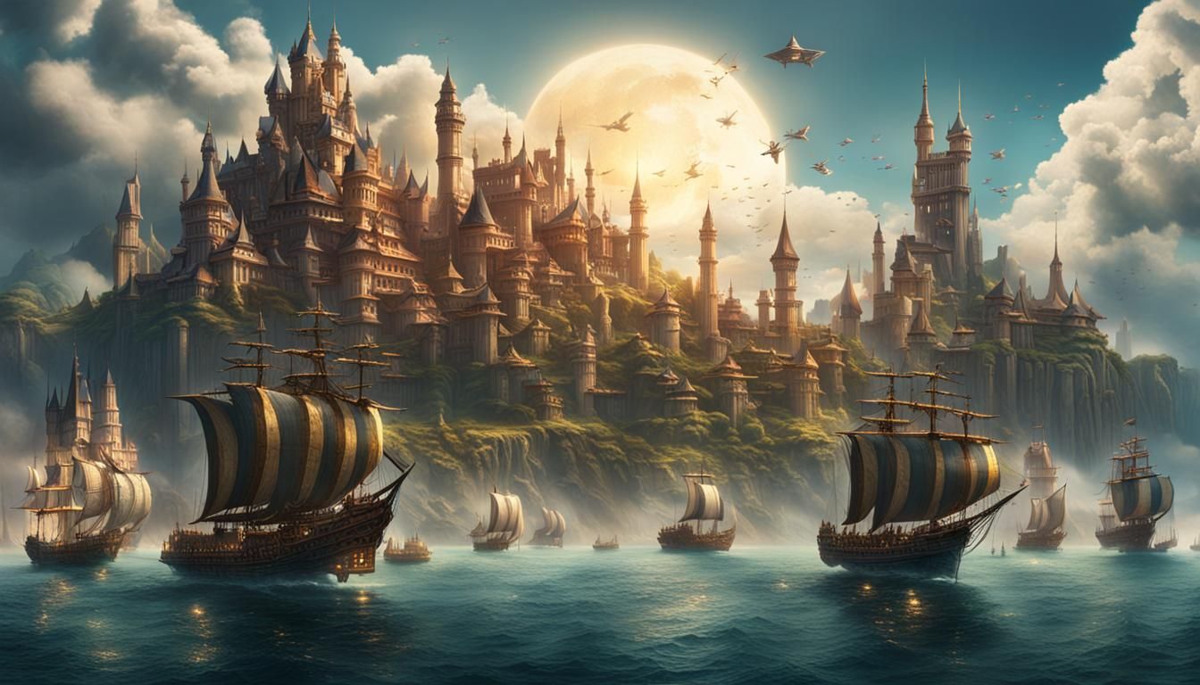 Elegant Island Citadel with Skyships: Digital Matte Painting