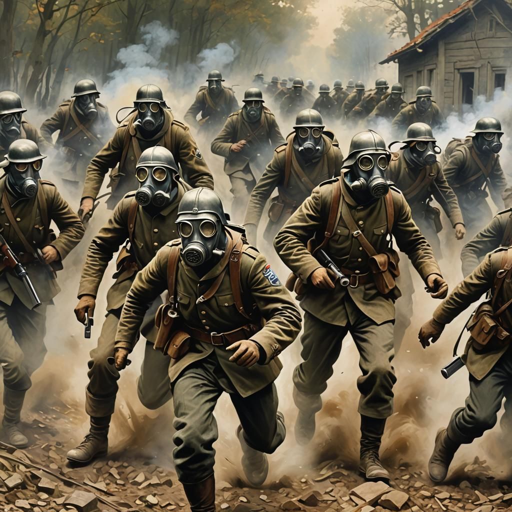 WWI German Soldiers Charging with Gas Masks
