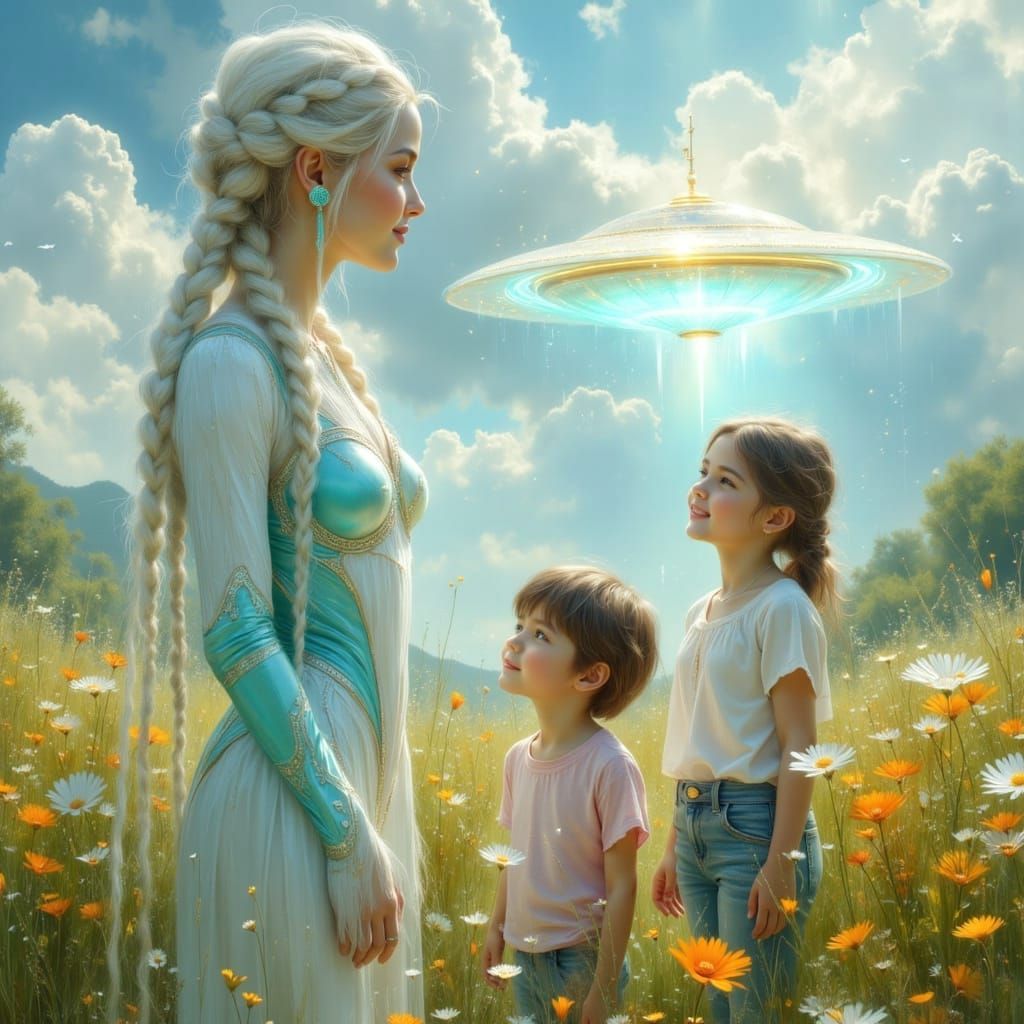 Galactic Woman's Arrival in a Flower Meadow