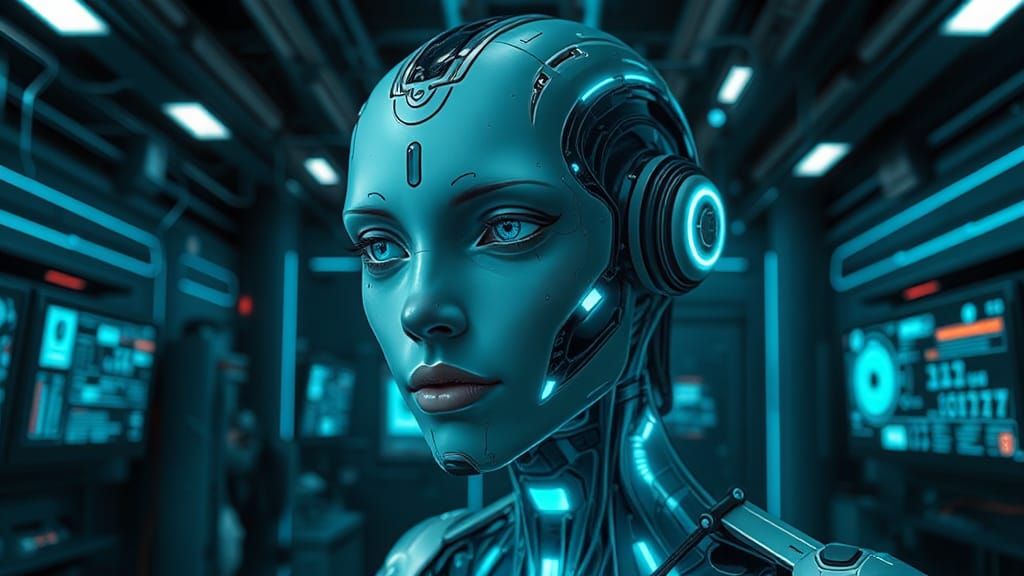 Futuristic AI Portrait in Cyberpunk Industrial Lab