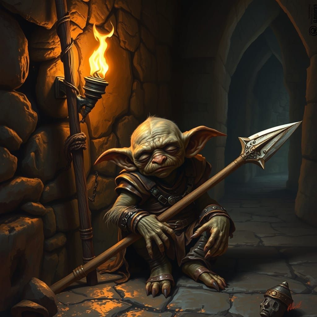 Mysterious Goblin Figure Slumbers in Torchlit Cave