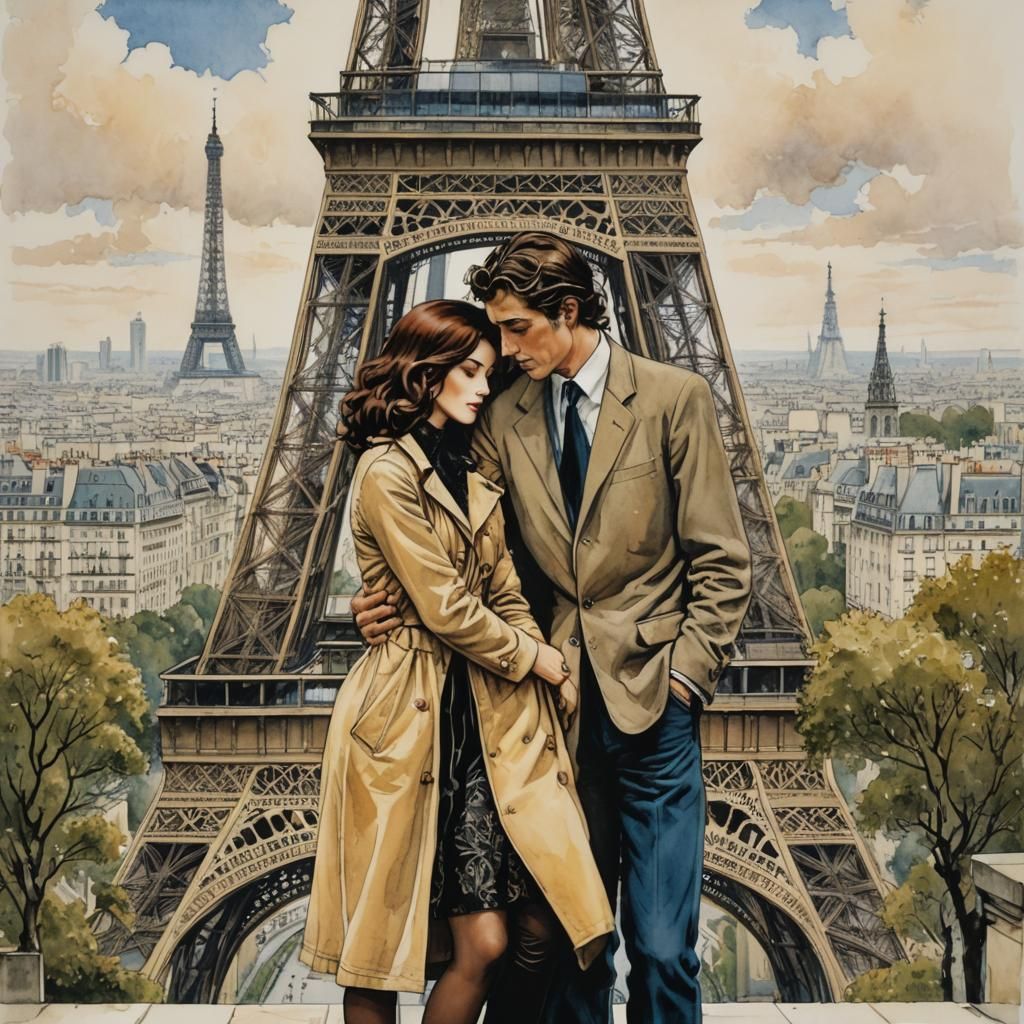 Romantic Eiffel Tower Kiss in Manara Style