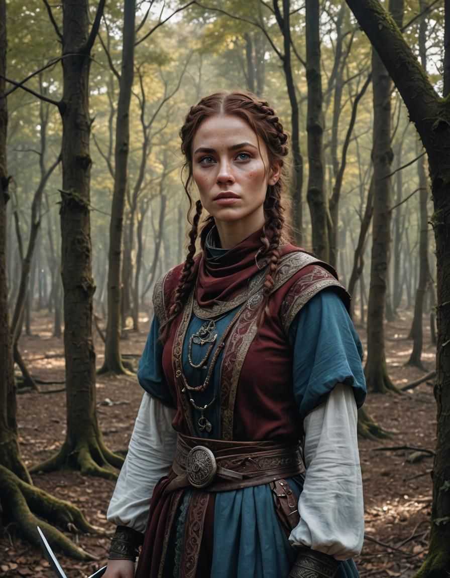 Fantasy Warrior Woman in Forest, Hyperdetailed Art