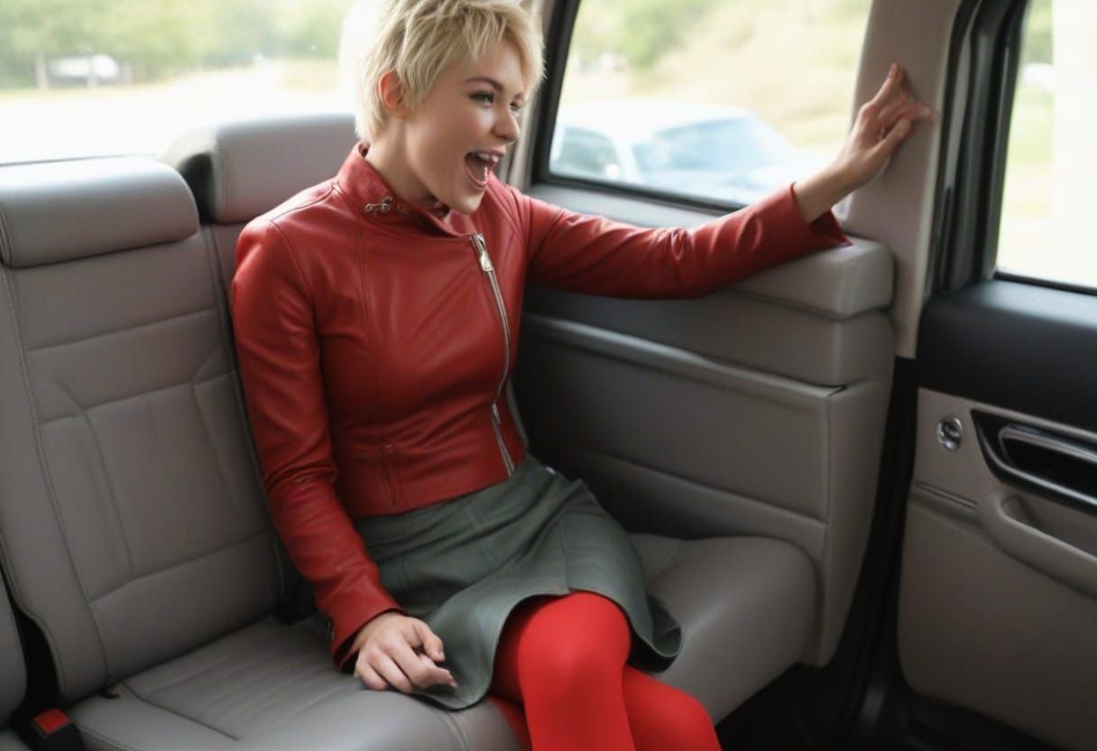 Laughing Woman with Green Eyes in Car