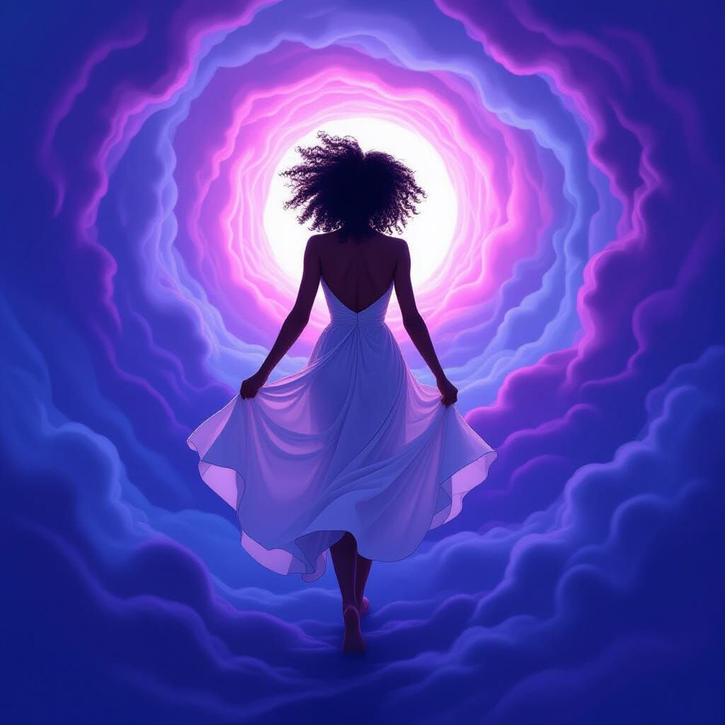 Woman Steps into Swirling Purple Abyss