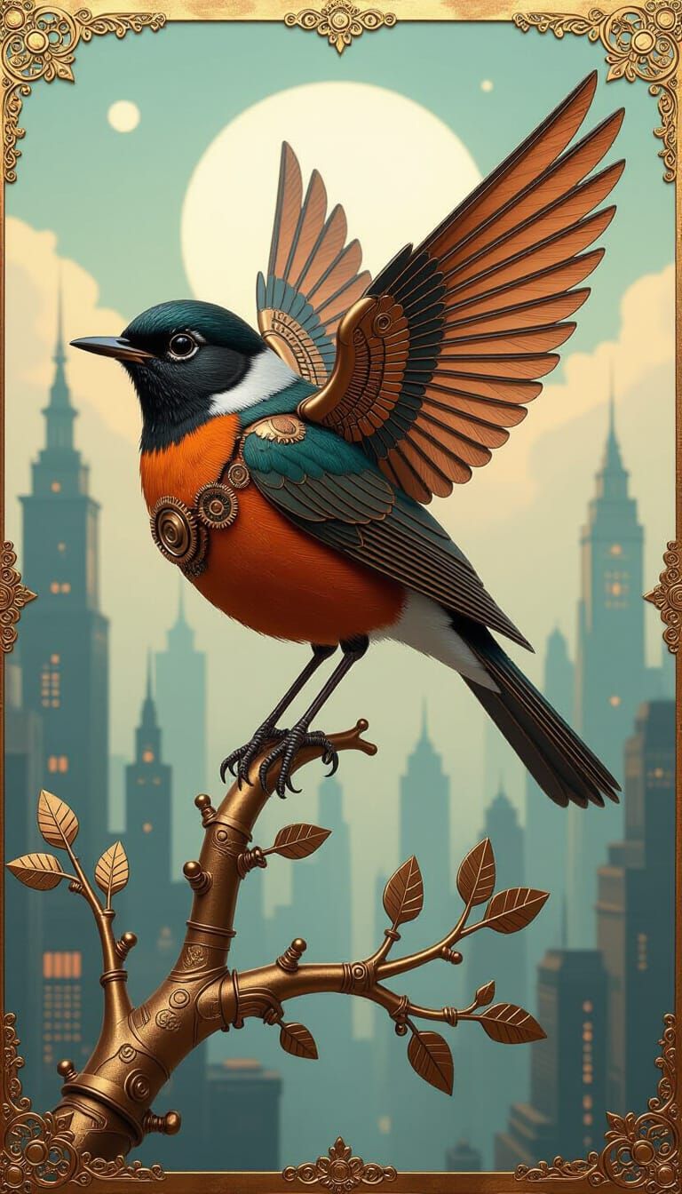 Steampunk Robin with Mechanical Wings on Bronze Branch