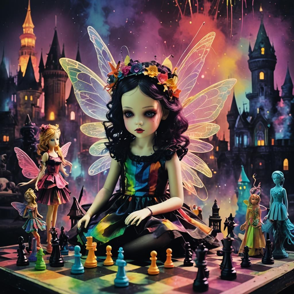 Rainbow Fairy and Dolls in Surreal Collage Art