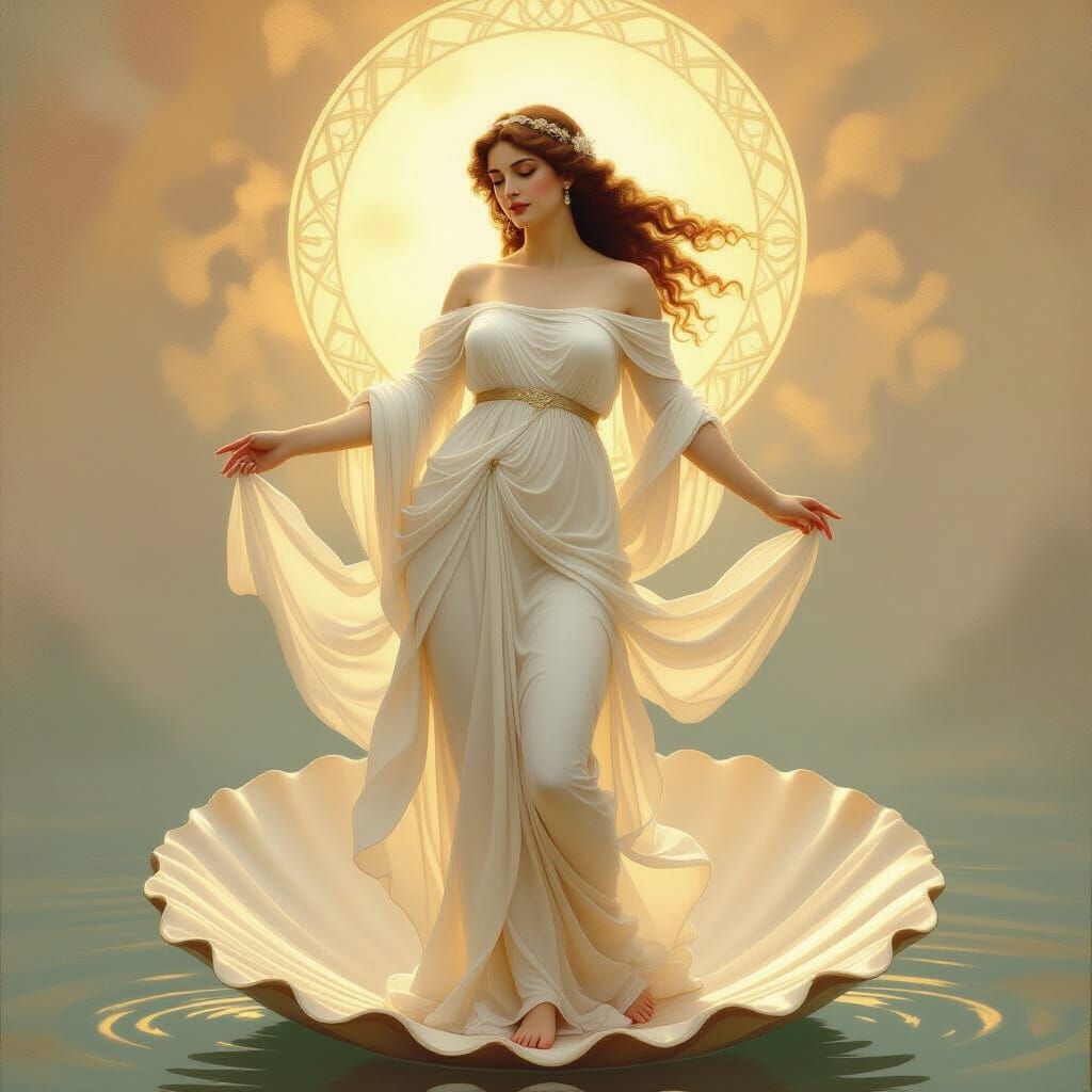 Aphrodite's Divine Arrival: Goddess of Love in Golden Light