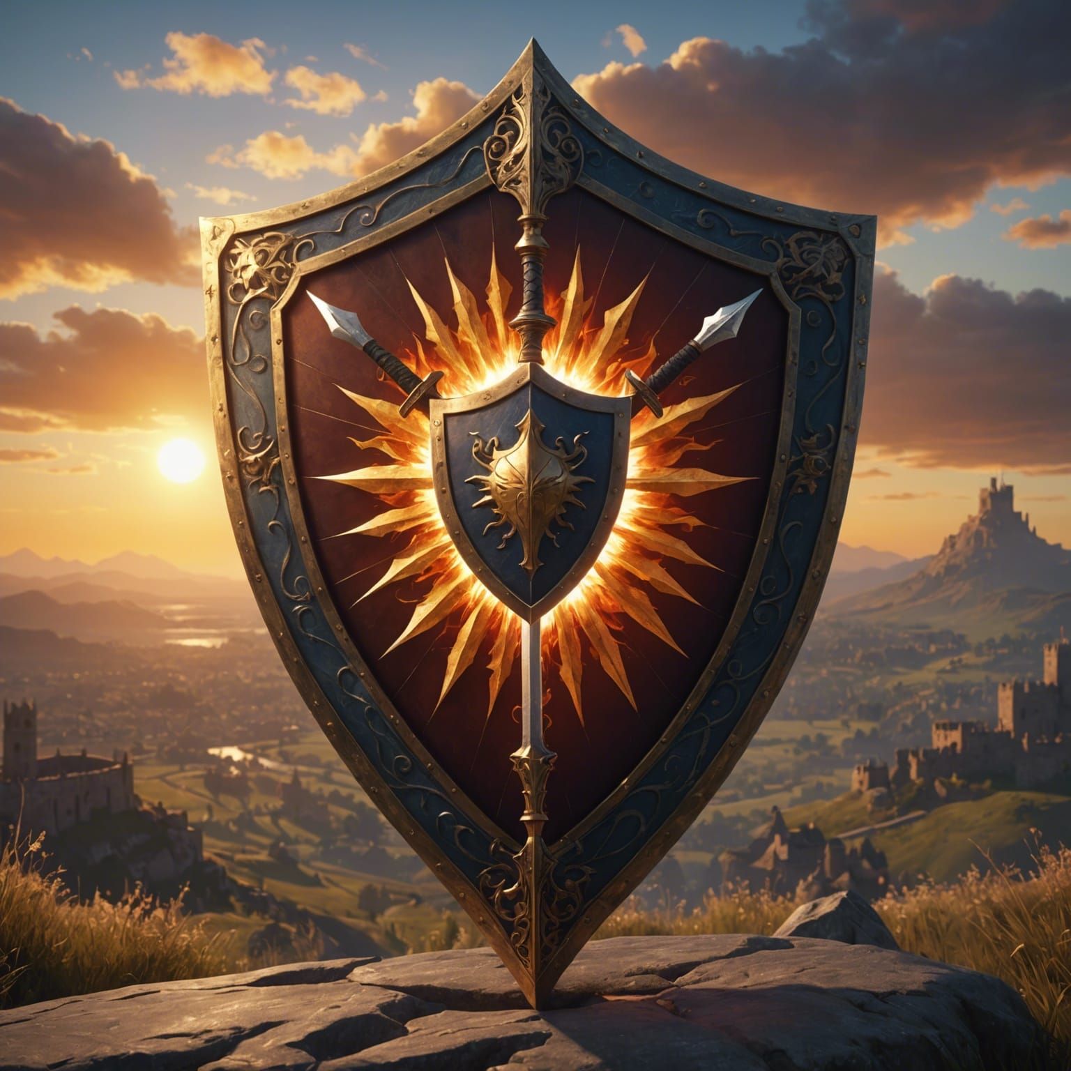 Blazing Kite Shield and Longsword at Sunrise