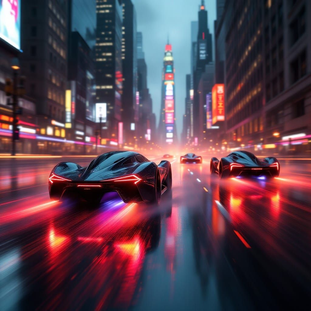 Futuristic Neon Cars Race Through Cyberpunk City