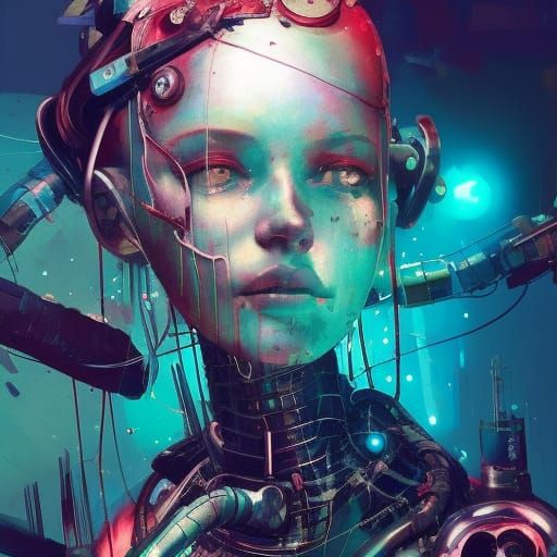 Cybernetic Heart Portrait in Cyan, Digital Illustration