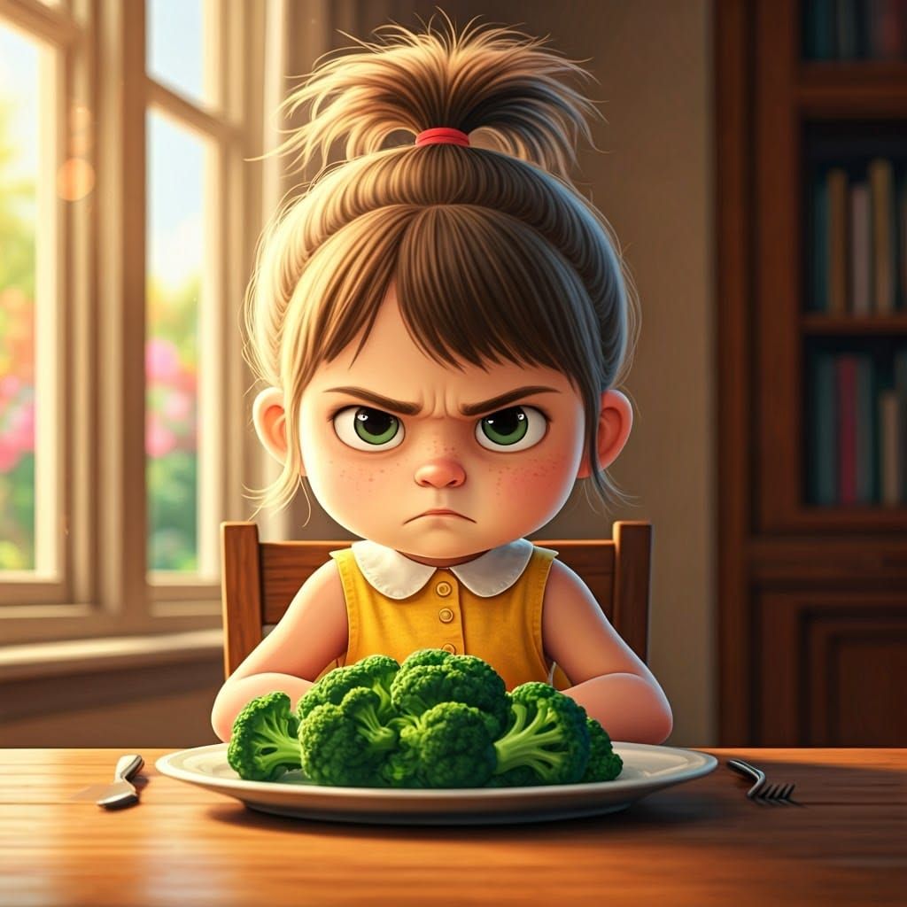 Broccoli Blues: A Painterly Pixar-Style Dining Room Scene