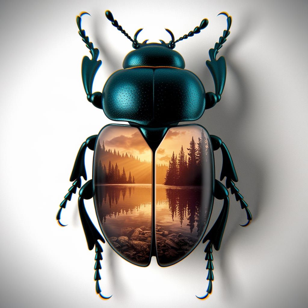 Oil Painting of Beetle Shell with Forest Landscape