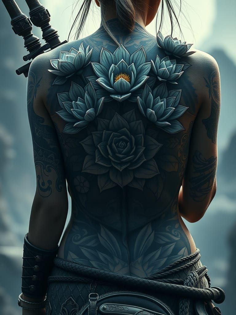 Warrior Back with Lotus Tattoos: Digital Matte Painting