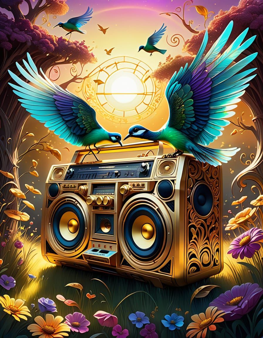 Ornate Golden Boombox Releases Glowing Birds in Surreal Scen...