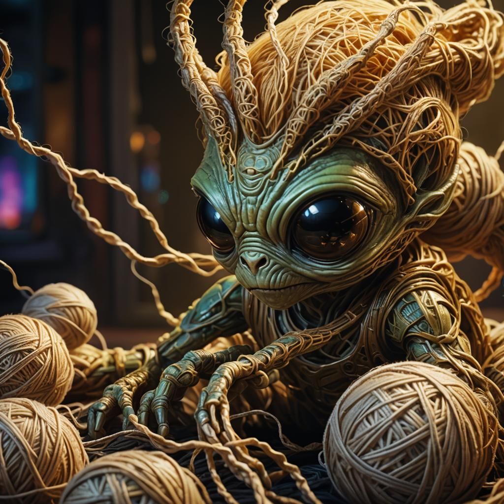 Alien Baby Plays with Yarn: Sci-Fi Illustration