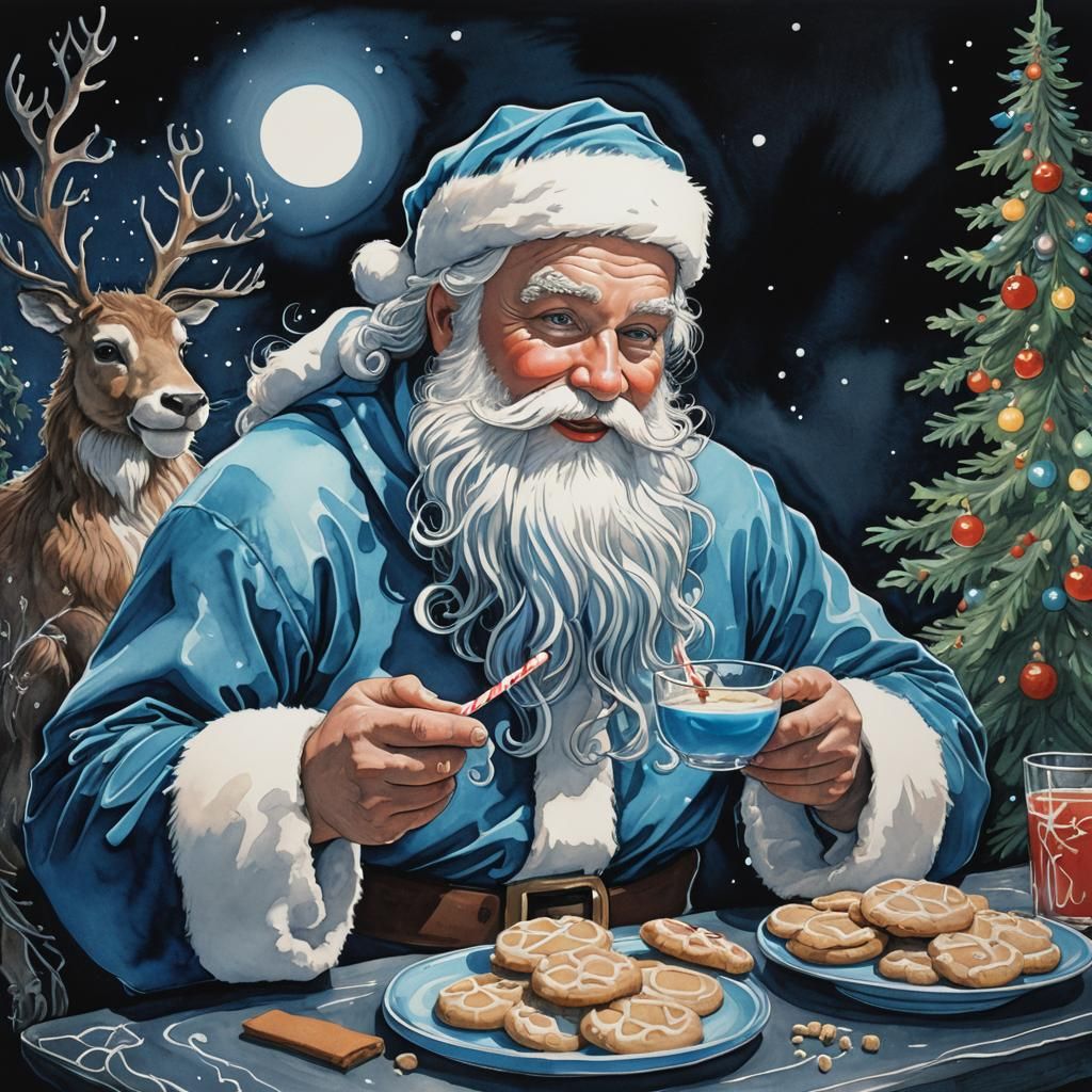 Santa Claus with Azure Hologram Beard, Gouache Style