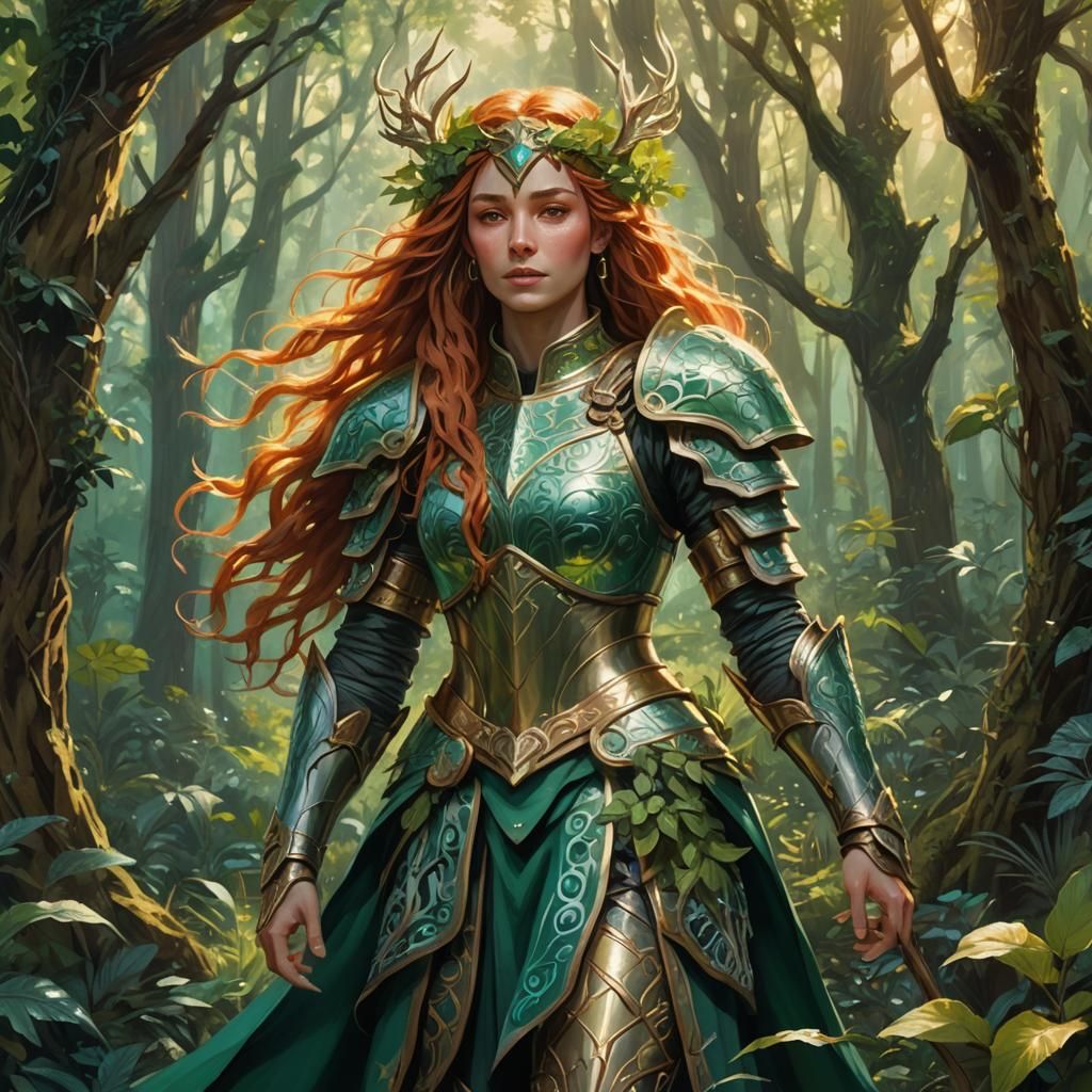 Healer Lyra in Forest: Art Nouveau Oil Painting