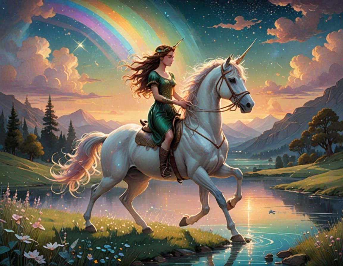 Whimsical Unicorn in a Dreamy Emerald Landscape