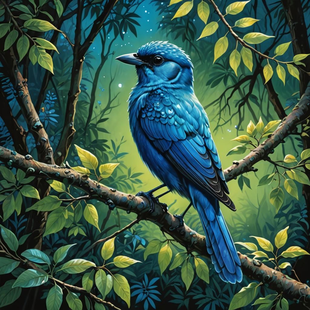 Surreal Blue Parrot Perched on a Lush Branch in Hyper-Realis...